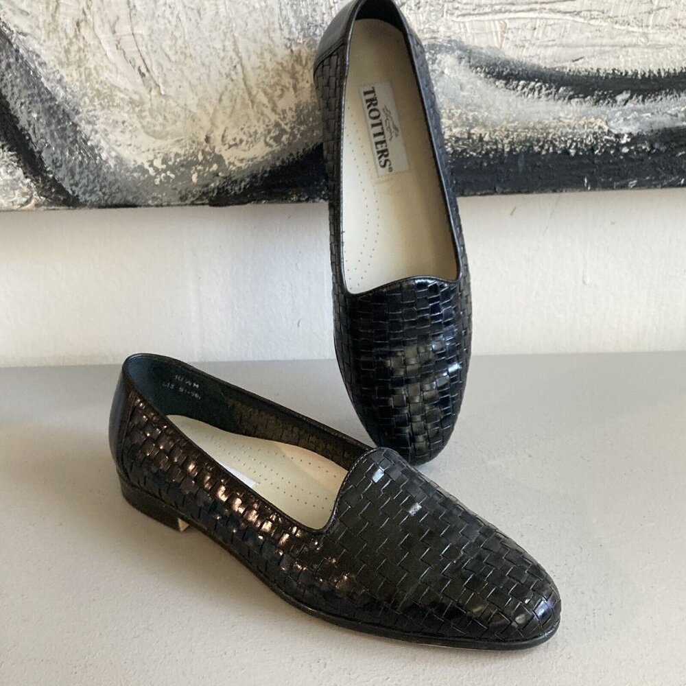 Trotters Shoes LIZ Loafers Woven Genuine Black Leather Slip On Flats Sz 10.5 M